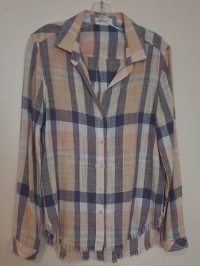 Bella Dahl Women's Oversize Peach & Navy/Gray Plaid Button Shirt